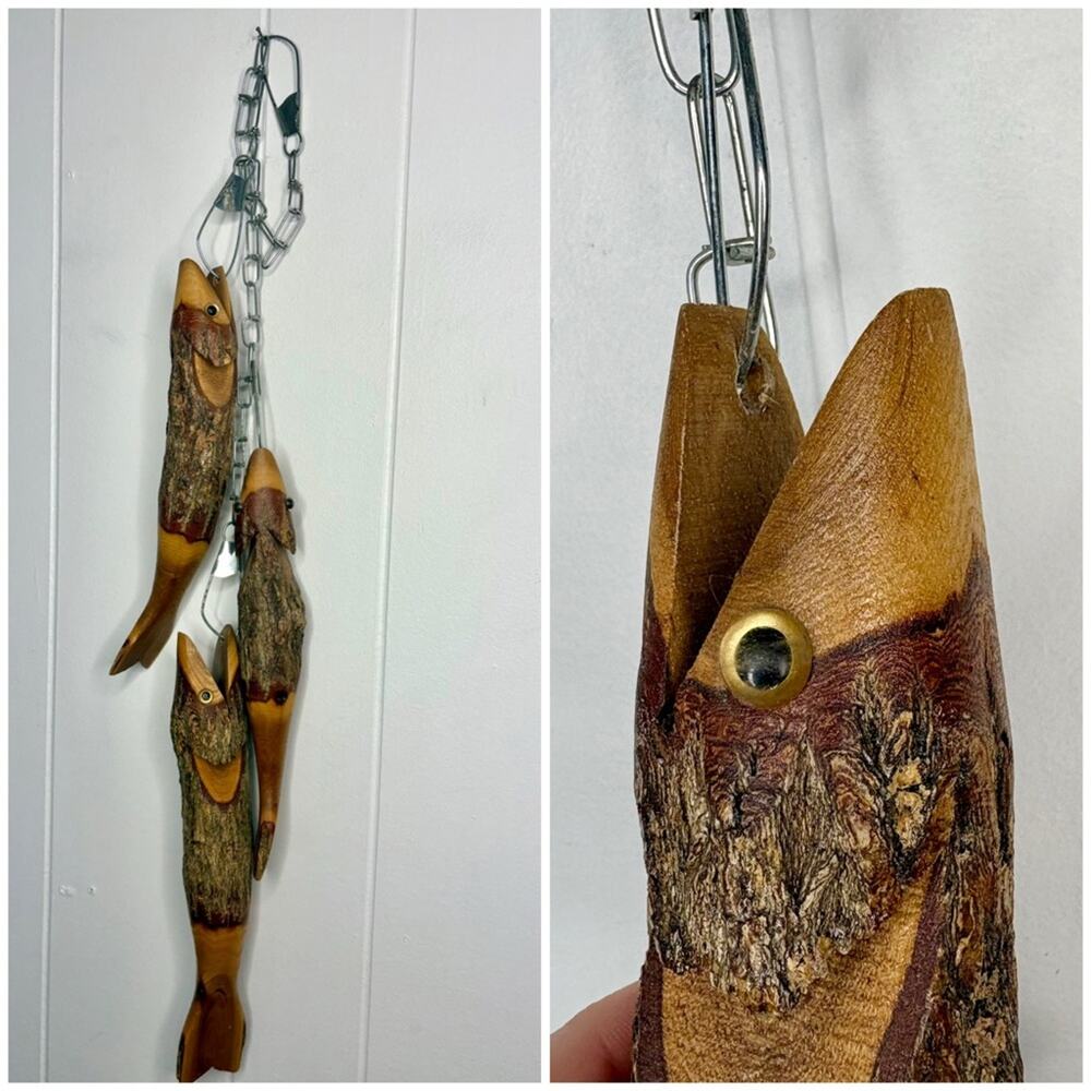 🐟 Hand-carved Wooden Fish Stringer Trout Bass Decor Handmade Chain Camp Sardine